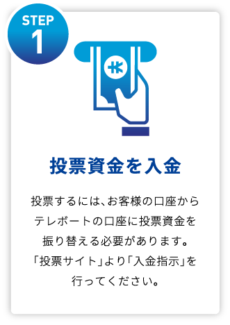 STEP1 投資資金を入金 投票するには、お客様の⼝座からテレボートの⼝座に投票資⾦を振替る必要があります。「投票サイト」より「⼊⾦指⽰」を⾏ってください。